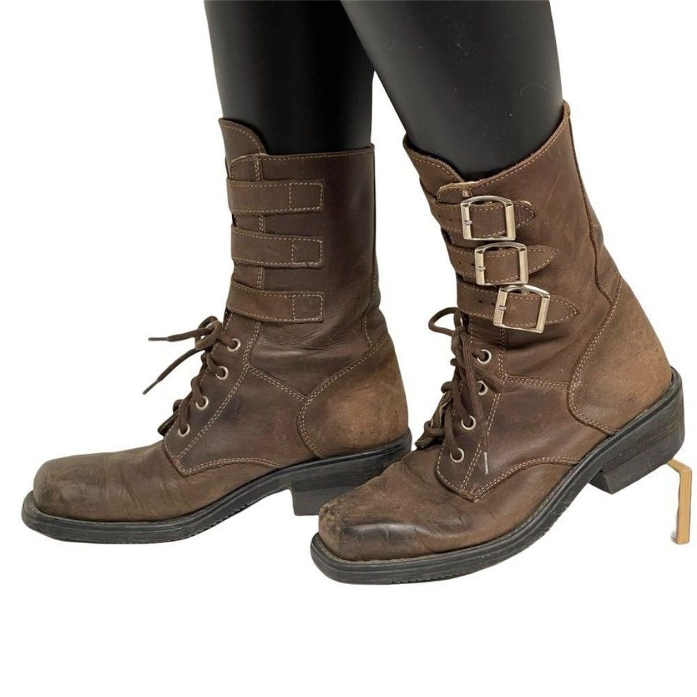 Original Womens Moto Boots Lace-Up Side Buckles Brown‎ Leather Size 36